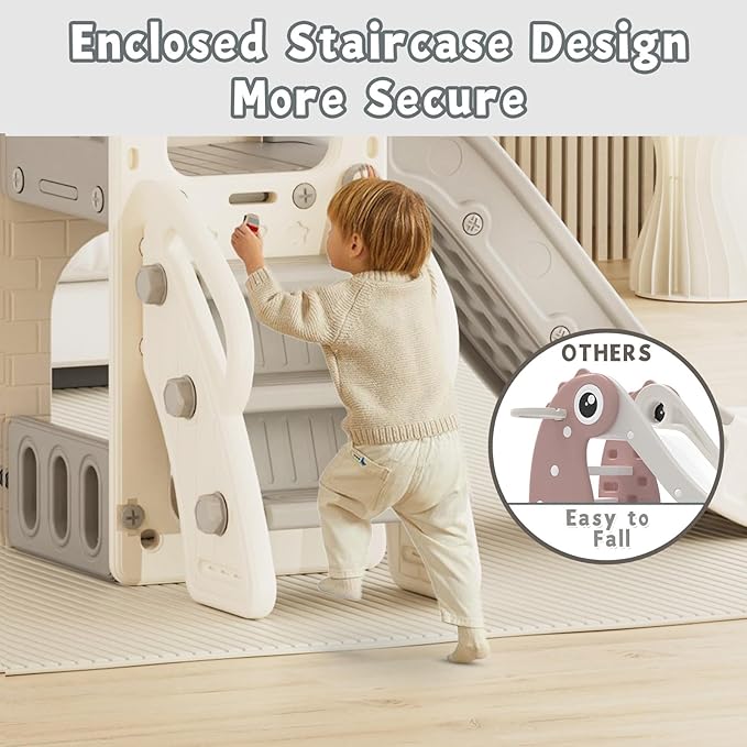 YUFU 5 in 1 Toddler Slide, Kids Slide with Climber, Basketball Hoop and Ball, Outdoor Indoor Playset for Toddlers Age 1-3 (Beige+Gray)