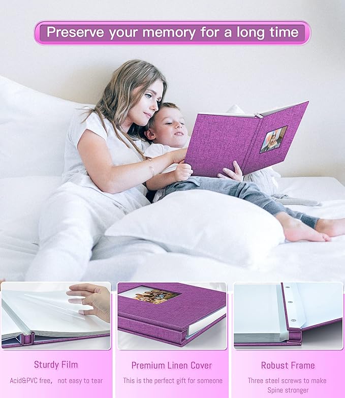 popotop Photo Album Self Adhesive with Picture Display Window,40 Pages DIY Scrapbooking Supplies Kit for 4x6 10x12 Picture,Linen Cover Memory Book for Baby Wedding, with Scraper and Metallic Pen