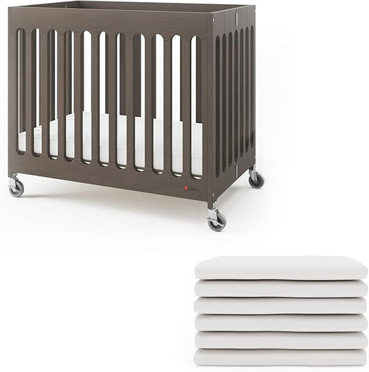 Foundations Boutique Folding Hotel Crib and Sheet Bundle - Includes Wooden Mini Crib with 3" Foam Mattress (Gray) and 6-Pack White Fitted Compact Sheets