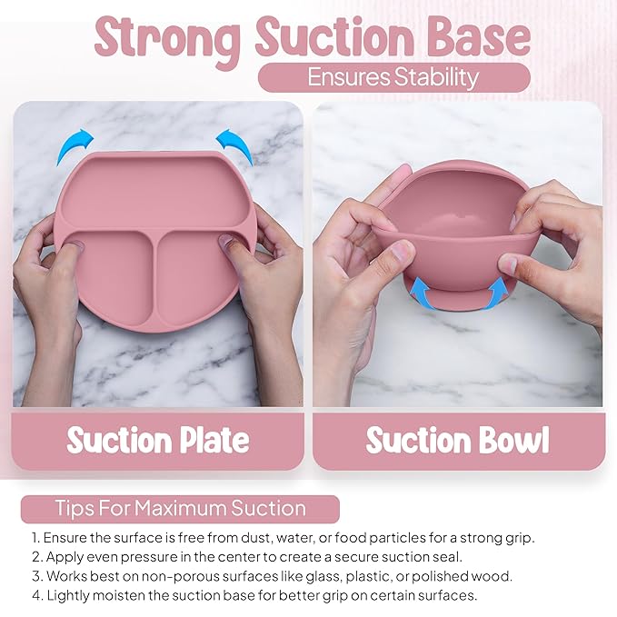 O'doe 17-Piece BPA-Free Silicone Baby Feeding Set | Thick & Soft Suction Plates, Baby Bowls, Wooden Fork & Spoon, and More | Make Mealtime Fun and Easy for Your Little One | Pink, V2