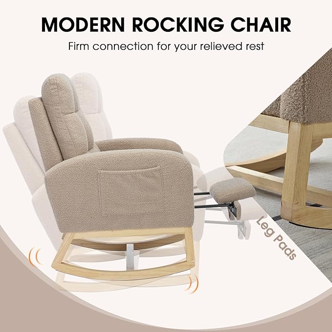 NIOIIKIT Modern Nursery Rocking Chair, Teddy Upholstered Rocking Chair with Footrest, Comfortable Rocker Chair with Side Pocket, Rocker Chair for Living Room, Bedroom, Nursing Room (Brown)