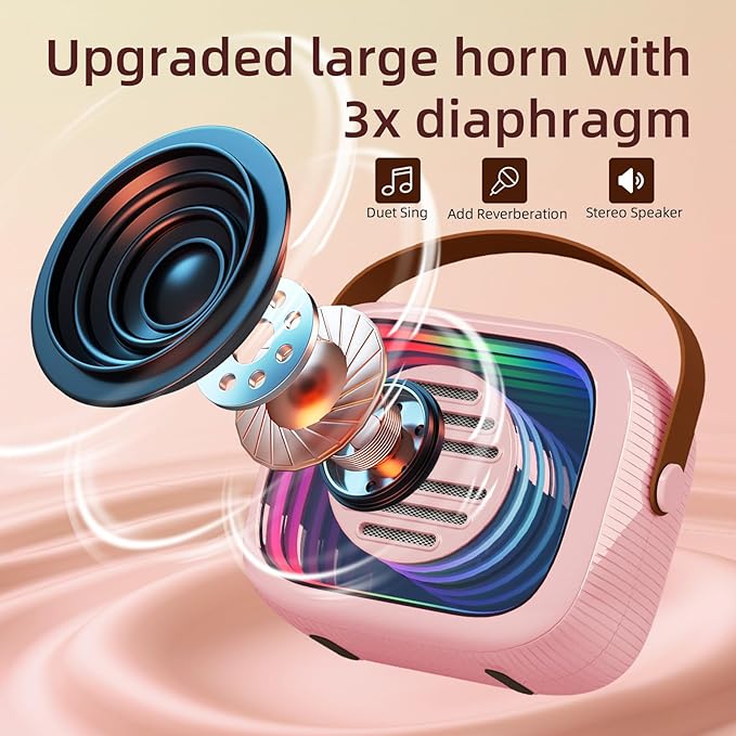 YF93 Kids Karaoke Machine with 7 Voice Effects, Bluetooth & Colorful LED Lights – Portable Singing Toy with Pro, Monster, KTV Modes for Home Parties（Pink）