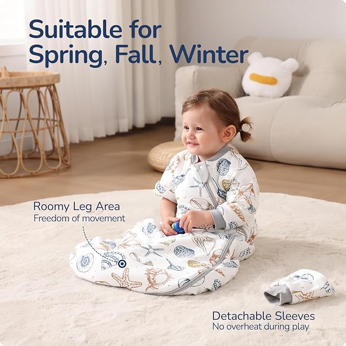 Baby Sleep Sack 3-6 Months, Cotton Detachable Long Sleeve Sleep Sack, 1.0 Tog Toddler Sleeping Sack with Temperature Strips, 2-Way Zipper Wearable Blankets for Newborns, Ocean