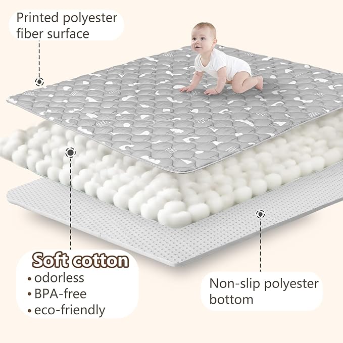 Baby Play Mats for Floor, 71”x59” Upgraded Thickness & Larger Super Soft Playmat for Babies and Toddlers, Foldable Washable, Upgrade Anti-Slip Crawling Mat for Playpen(Boho Gray)