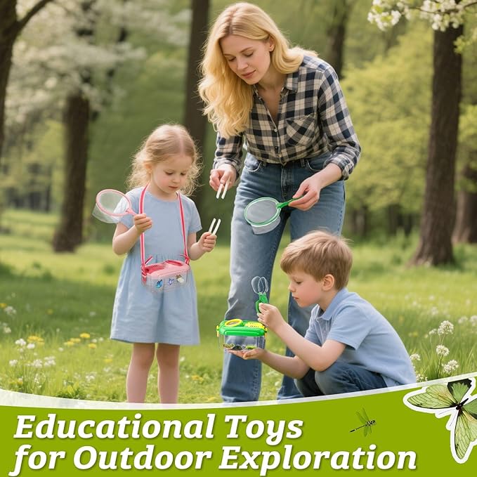 2 Set Bug Catcher for Kids- Educational Bug Catching Kit Including Butterfly Net, Insect Clip, Tweezer, Outdoor Toys for Kids Ages 3-10 (Pink & Green)
