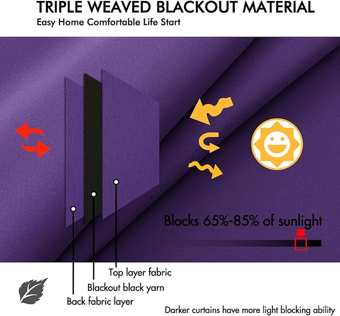 ANRODUO Back Tab Blackout Curtains for Bedroom Living Room, Rod Pocket Pinch Pleated Thermal Insulated Room Darkening Curtains 63 Inches Long 2 Panels, Purple, 42 x 63 Inch