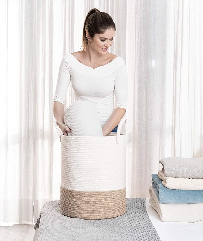 OrganiHaus Boho Laundry Basket 15x18, Baby Hamper for Nursery, Boy Basket for Toys, Basket for Blankets fror Living Room, Large Woven Basket for Storage, Towel Basket & Blanket Basket, Honey