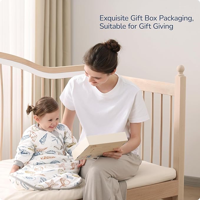 Baby Sleep Sack 3-6 Months, Cotton Detachable Long Sleeve Sleep Sack, 1.0 Tog Toddler Sleeping Sack with Temperature Strips, 2-Way Zipper Wearable Blankets for Newborns, Ocean