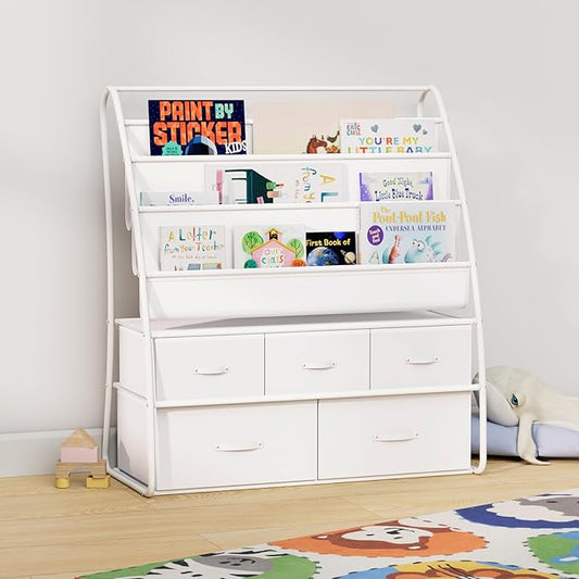 NACHES 3-Tier Kids Bookshelf with 5 Fabric Drawers, Metal Toy Storage Organizer for Kids Room, Living Room & Study Room, White (White)