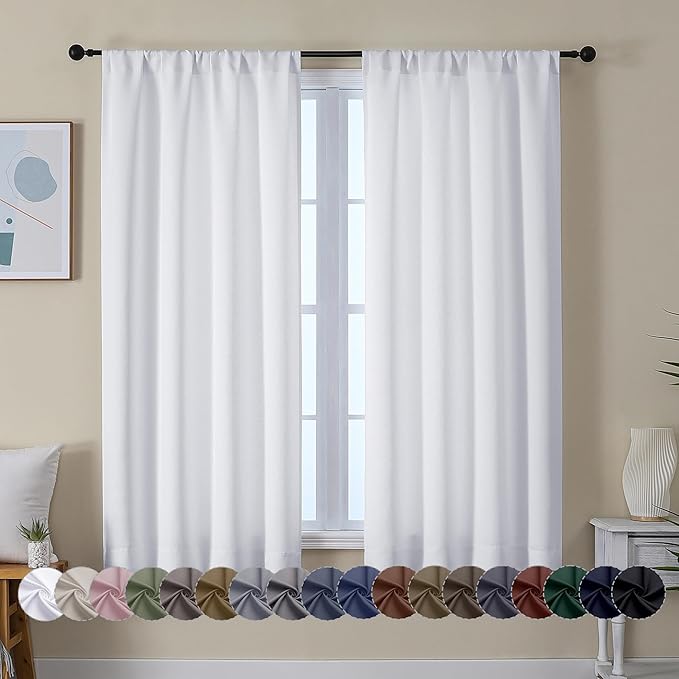 Simplebrand Ava Pure White Curtains for Bedroom 63 Inch Length 2 Panels Set, Light Filtering Window Treatment, Light Filtering Curtain Drapes, Soft Casual Rod Pocket Privacy Curtains, W40 x L63 Inch