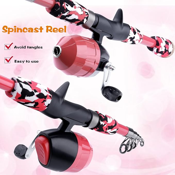 ODDSPRO Kids Fishing Pole Pink, Portable Telescopic Fishing Rod and Reel Combo Kit - with Spincast Fishing Reel Tackle Box for Girls, Youth