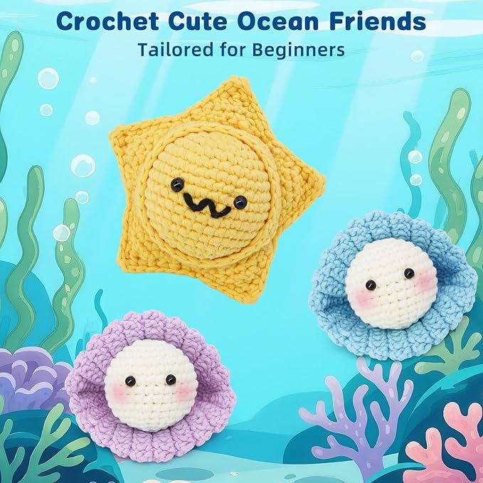WaldyWop Crochet Kit for Beginners – 3PCS Ocean Friends Wobbles Crochet Animal Kit for Adults & Kids 8-12 – DIY Stress Relief Ball w/ 40% Extra Yarn, Easy Video & Instructions – Gift for Girls & Women
