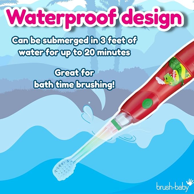 Brush‑Baby - KidzSonic Dinosaur Kids Electric Toothbrush for Ages 3+ with Disco LED Lights, Gentle Sonic Vibrations, 2-Minute Smart Timer & 30‑Second Pulse Reminders – AAA Battery Included