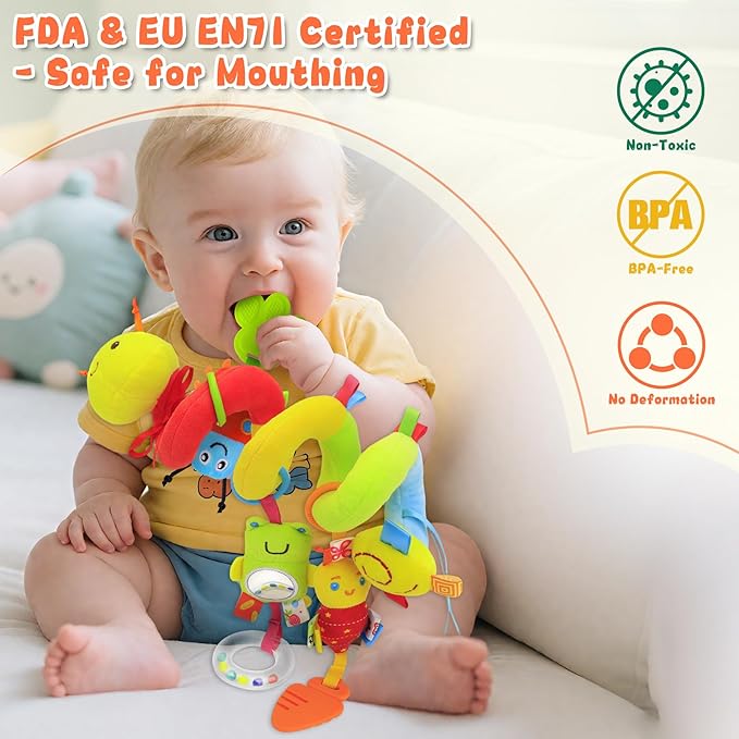 Spiral Car Seat Toys for Infants, 0-6 Months Carseat & Stroller Pram Separable Activity Hanging Toys with Rattle, Teethers, Newborn Soft Plush Travel Toy for Boys Girls Essentials Gifts