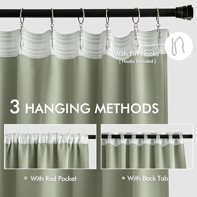 MIULEE Back Tab Sage Green Curtains 96 Inch Long 2 Panels Set for Living Room Bedroom, Rod Pocket/Pinch Pleated Light Blocking Thermal Insulated Room Darkening Floor to Ceiling Blackout Drapes