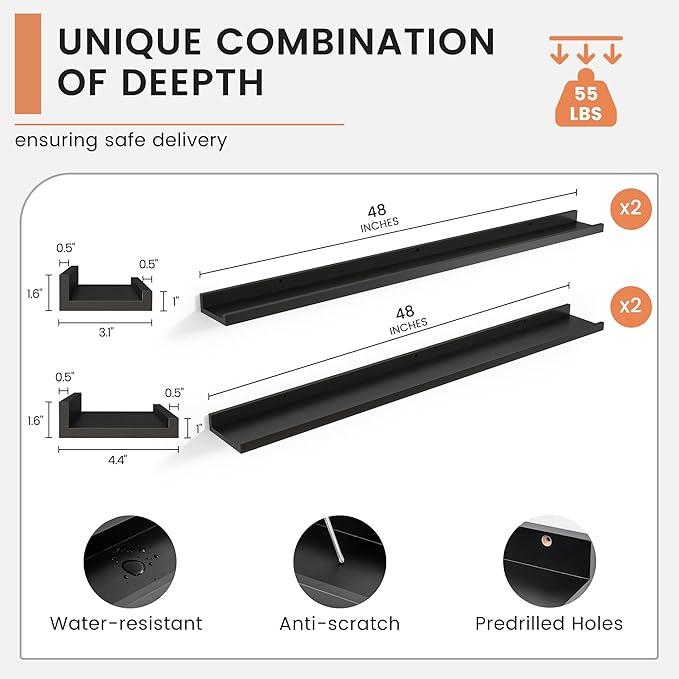 Floating Picture Ledge Shelves for Wall Set of 4, 48 Inch Wall Shelves with Lip Long Large Nursery Book Shelf for Toys Storage Kids Bookshelf Wall Mounted Living Room Bedroom Decor Frames