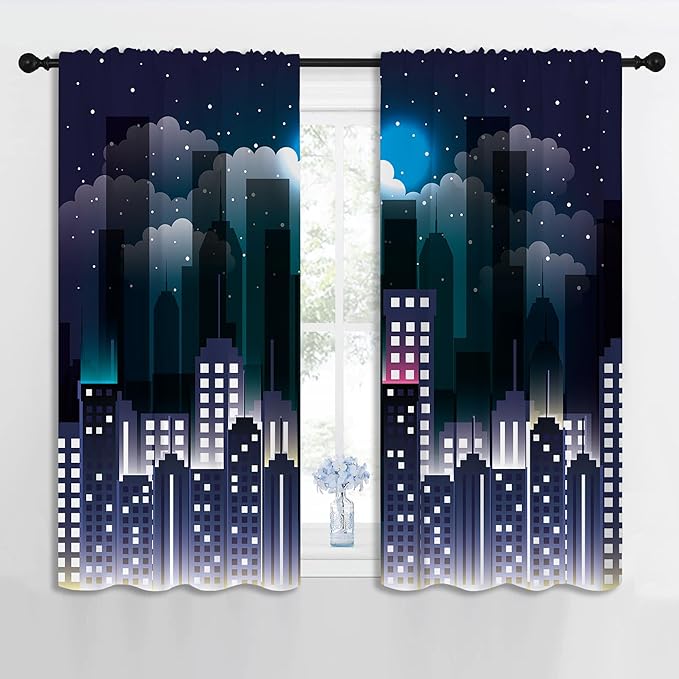 Superhero Rod Pocket Blackout Curtains for Boy Girl Bedroom, Violet Night Sky Buildings Cityscape Thermal Insulated Home Window Drapes for Living Room Darkening, 42x45 inch