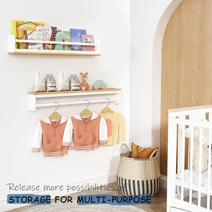 Upgraded Wall Bookshelf for Kids Room 36 Inches Long, White and Wood Nursery Floating Bookshelves for Wall, Hanging Book Shelves for Toddler Kid Child Bedoom Classroom Library-Set of 3