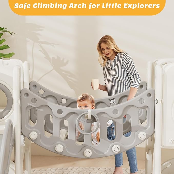 KORIMEFA 10 in 1 Toddler Slide Set, Kids Slide for Toddlers, Outdoor Indoor Playground for Toddlers 1-3, Toddler PlaySet with Basketball Hoop and Ball Golf Set, Climbing Arch(Grey)