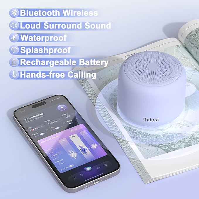 Bobtot Portable Bluetooth Speakers with Strap Easy to Carry, Wireless IPX5 Waterproof Mini Speaker with Loud Stereo Sound, 20 Hours Playtime, Rechargeable Battery, Built-in Microphone, Purple