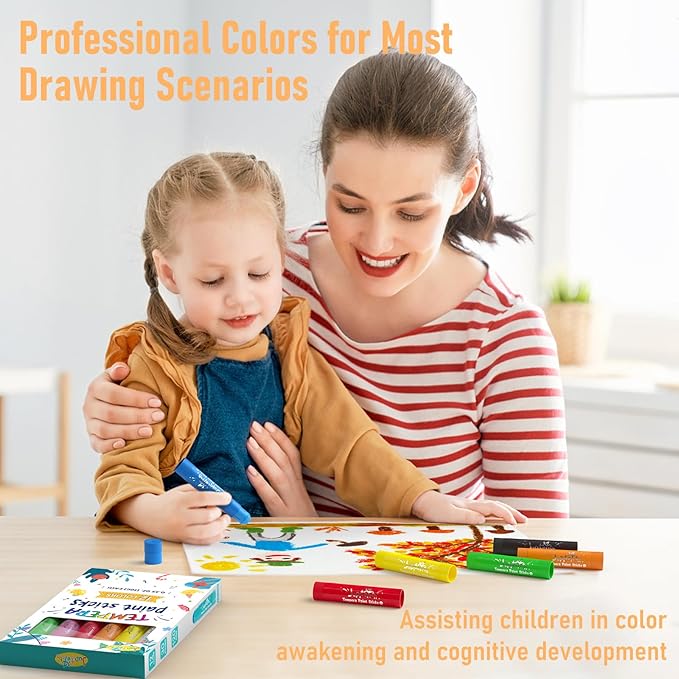 Paint Sticks for Kids 12 Colors, Quick Drying, Smooth, Non-Toxic and Washable Solid Tempera Paint Sticks with 120 PDF Coloring Pages and 30 Stickers, Toddler Art Supplies for Drawing