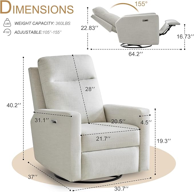 Power Swivel Recliner Chair – Nursery Glider Rocker with USB & Type-C, High Back Reclining Chair for Breastfeeding & Baby Room, Linen Fabric, Beige Grey