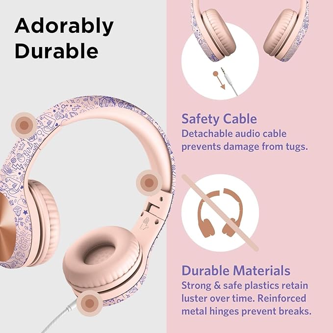 LilGadgets Connect+ Pro Wired Kids Headphones for School w/Microphone, Volume & Noise Reduction Over-Ear Headset w/Cord, SharePort Technology & SoftTouch Padding, Girl Power - Headphones for Kids