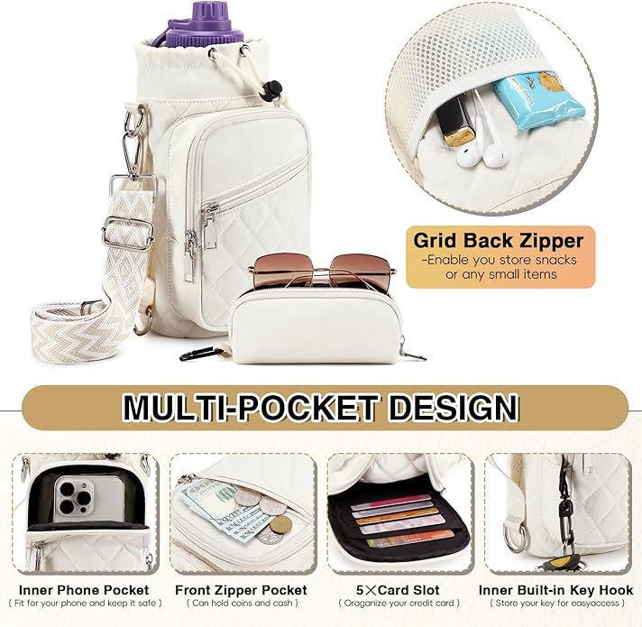 Water Bottle Carrier Bag with Strap, Water Bottle Holder Crossbody Bags for Women Men for Walking, Hiking,Cycling