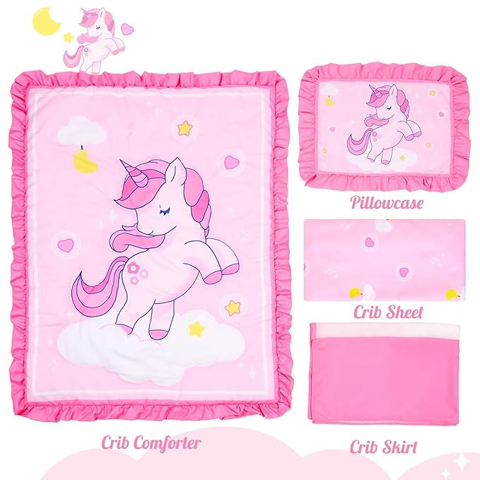 UOMNY Crib Bedding Set for Girls 4 Piece Unicorn Baby Girl Crib Bedding Sets with Baby Comforter Crib Sheet Crib Skirt Pillowcase Nursery Bedding Set