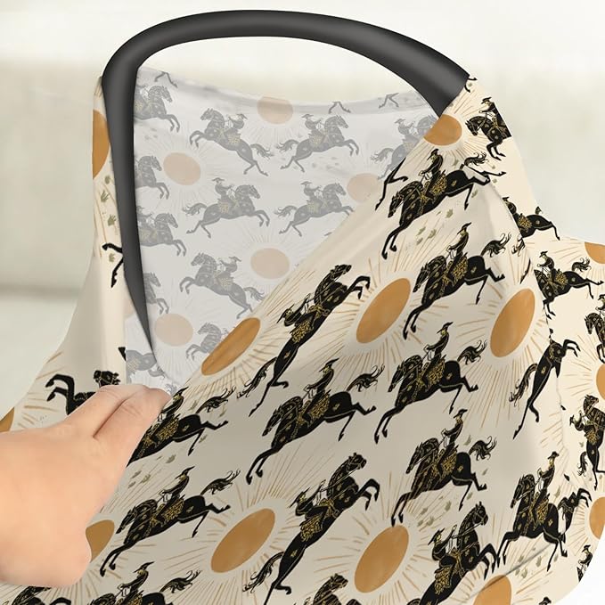 Western Cowboys Sunshine Baby Car Seat Covers Cowboy Horse Sun Stretchy 5-in-1 Cover Adjustable Car Canopy Breastfeeding Cover Wild West Desert Breathable Nursing Cover-Up