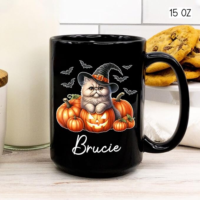 Personalized Persian Wearing Witch Hat Black Cup with Name, Customized Halloween Persian Coffee Mugs, Spooky Cat and Pumpkins Ceramic Cup 11oz 15oz, Halloween Mug Gift for Cat Lover Pet Owner