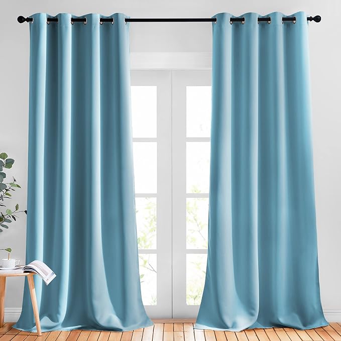 NICETOWN Blackout Living Room Curtains Teal Blue - Home Fashion Ring Top Thermal Insulated Room Darkening Curtains for Bedroom/Living Room (2 Panels, W52 x L90, Teal Blue)