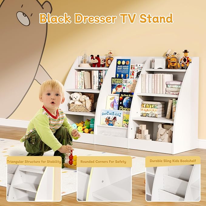 4 Tier Kids Bookshelf, 4 Layer Sling Kids Book Shelf for Kids Rooms, XXL Wood Children Bookcase,Baby Storage Book Rack,Toddler Bookshelf, Book and Toy Organizer,Book Display Shelf for Bedroom, Nursery