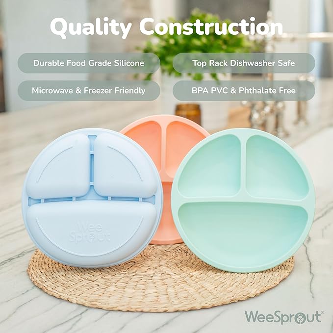 WeeSprout Silicone Divided Plates (With Lids), 100% Food Grade Silicone Divided Plates for Toddlers & Kids, Dishwasher & Microwave Safe