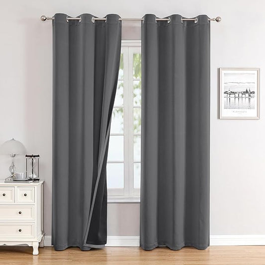 ChrisDowa 100% Blackout Curtains 72 inch Long for Bedroom with Black Liner, 2 Thick Layers Total Blackout Thermal Insulated Grommet Window Curtains 2 Panels Set (Grey, 42 x 72 Inch)