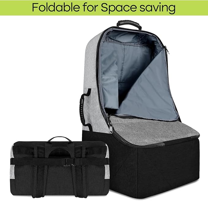 Padded Car Seat Travel Bag for Airplane, Heavy Duty Backpack for Air Travel, Water-Resistant Carrier with Shoulder Strap, Fits Most Car Seats (Grey+Black)