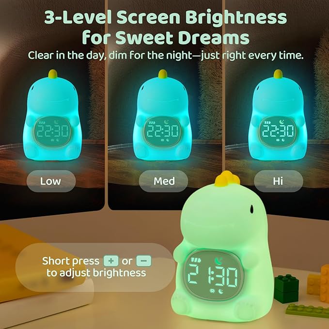 Dinosaurs Alarm Clock with Night Light for Kids with Sleep Training and Sound Machine, Rechargeable Silicone Lamp OK to Wake Clock，Cute Animal Tabletop Lamp, Perfect Sleep Companion for Boys Girls