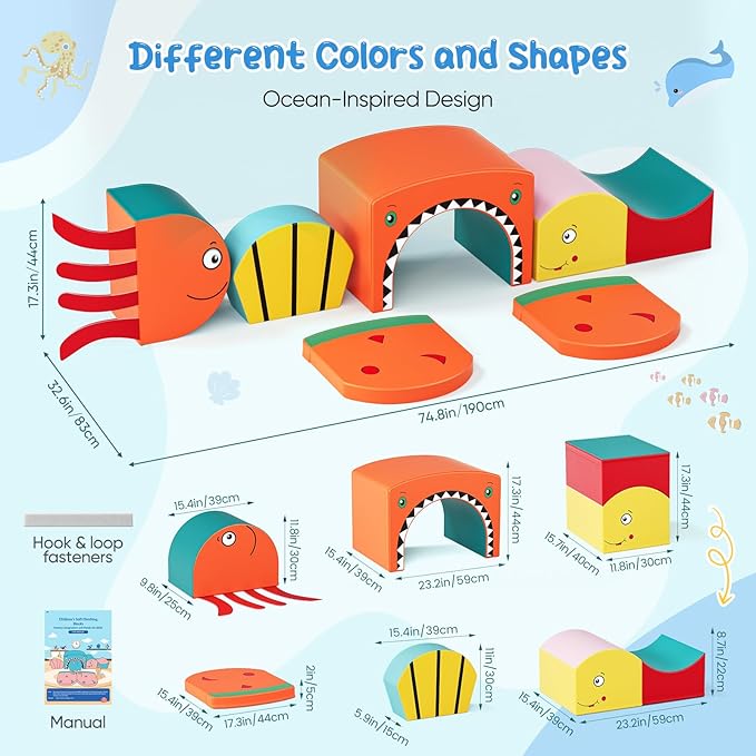 Lischwert Foam Climbing Blocks for Toddlers, Shark Theme Baby Climbing Blocks Soft Play Climbing for Toddlers with Foldable Block and Tunnel Indoor Climbing Toys for Toddler 1-3, 6 Pieces