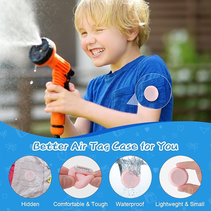 Waterproof Air Tag Holder for Kids, 4 Pack Air Tag Case with Invisible Pin, Soft Silicone Anti-Lost for Apple Air Tag, Used for Children, Elderly, Hidden Inside Clothes,Bag(White/Black/Pink/Navy Blue)
