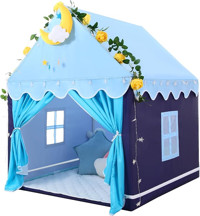 Wilwolfer Kid Tent with Mat, Star Lights - Kids Play Tents for Toddlers Kids Tents Indoor Playhouse - Princess Tent for Girls Toy House Gift (Blue with Cloth)