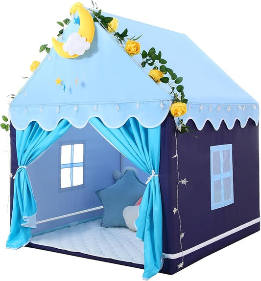 Wilwolfer Kid Tent with Mat, Star Lights - Kids Play Tents for Toddlers Kids Tents Indoor Playhouse - Princess Tent for Girls Toy House Gift (Blue with Cloth)