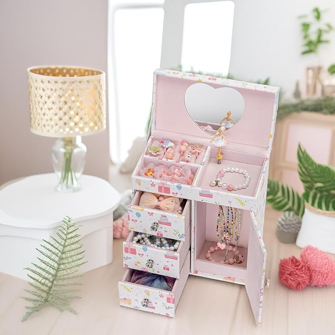 Vlando Musical Jewelry Box with Spinning Ballerina, Girls’ Jewelry Organizer for Necklaces Rings and Hair Accessories, Gift for Girls and Kids, Candy Pie