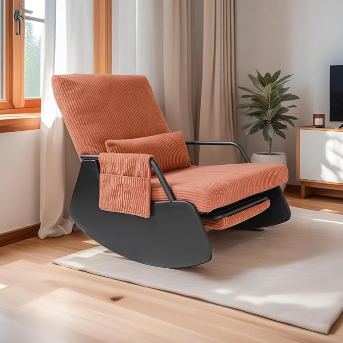 Rocking Chair for Nursery, Modern Upholstered Plush Seating Glider Recliner Chair with High Backrest and Side Pocket, Accent Armchair with Cushions for Living Room/Reading (Burnt Orange)