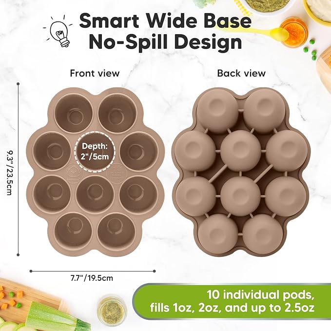 KeaBabies Silicone Food Freezer Trays with Lid, 2oz x 10 Pods Baby Food Storage Containers, Easy Puree Meal Prep, Breast Milk Silicone Freezer Molds, Dishwasher, Microwave Safe,BPA-Free(Chai Latte)