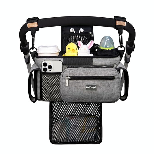 TOPDesign Universal Baby Stroller Organizer, Stroller Caddy with Detachable Mesh Bag & Heightened Insulated Cup Holders & Non-Slip Secure Hooks Accessories, Fits Most Strollers (Grey)