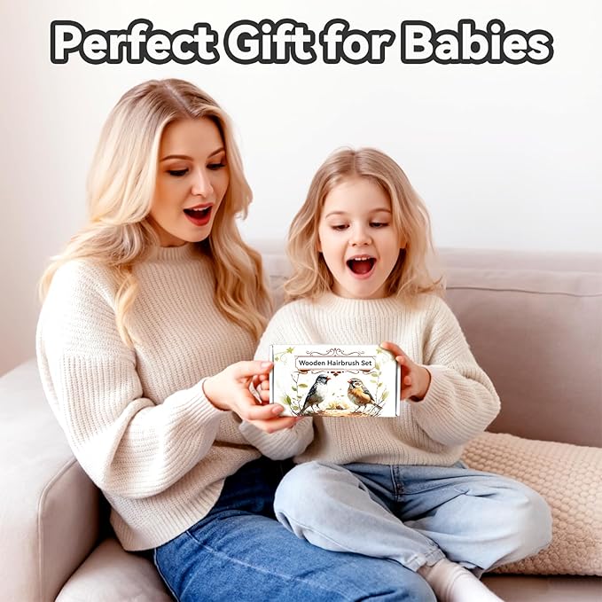 Wooden Natural Goat Bristle Brush and Cradle Cap Comb Set - 5 in 1 Baby Grooming Kit for Newborns, Toddlers, Boys, and Girls (Blue)