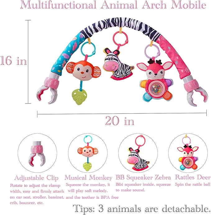 Crib Mobile for Girls, Baby Arch Mobile for Bassinet with Universal Clamps, Versatile Toy Bar for Bouncer Arch Toy 0-3 Months, Babies Gril Mobile Toys 0-6 Months Car Seat Stroller Toys