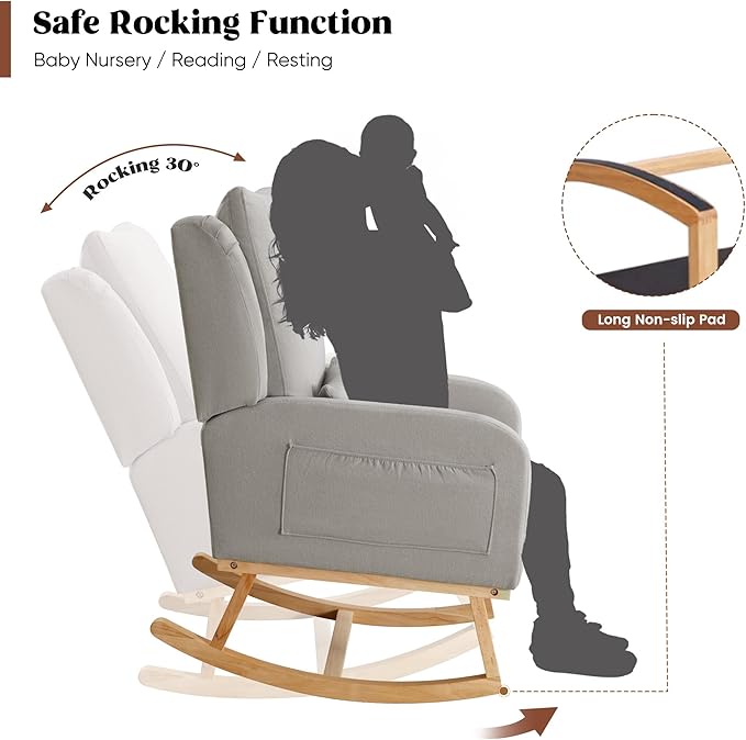 Rocking Chair Nursery, Upholstered Fabric Nursing Rocking Chairs with Lumbar Pillow, Modern Nursery Glider Rocker Morden Accent Rocking Chair for Mom Nursery, Living Room, Bedroom, Grey
