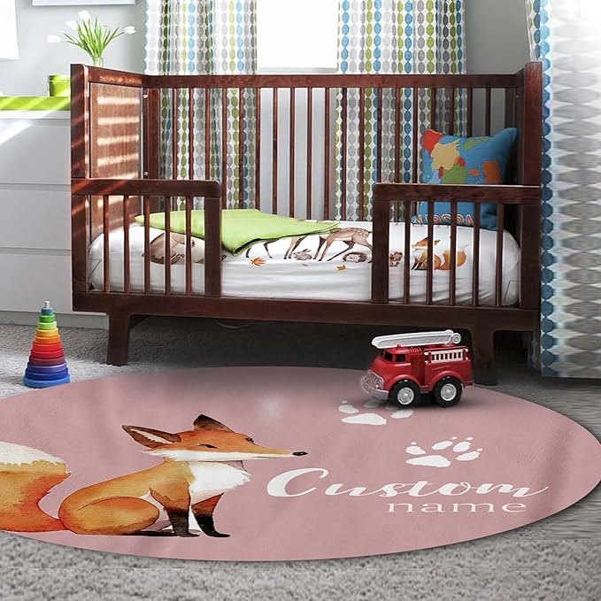 Personalized Baby Crib Bedding Set for Baby Girls, Fox Sika Deer Pattern Custom Name Baby Crib Sets 5-Pcs, Toddler Double Layer Blanket Fitted Sheets Changing Pad Cover Rug Wall Art Set
