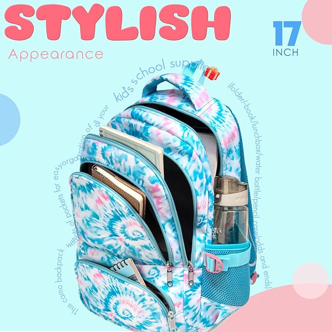 BLUEFAIRY Kids Backpack for Girls Elementary Primary Middle School Bags for Aged 8-10 for Teens Childs Bookbags Back to School Book Bags Mochilas para Niñas de 6 7 8 9 10 Años Tie-dye Blue